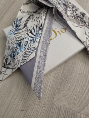 Dior Floral & Botanical Print Silk Twilly in Blue, Purple, Cream